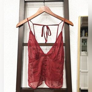Anthropologie sheer burgundy cami embroidered florals tank or lingerie.